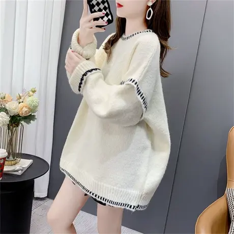 欧货慵懒风复古圆领毛衣女套头秋冬2022年新款宽松加厚编织针织衫图片