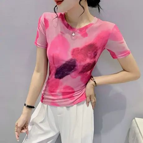 性感网纱扎染上女短袖设计感圆领t恤2024洋气百搭小衫修身半袖ins图片