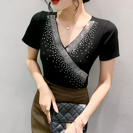 2024夏季新款性感T恤女短袖时尚洋气V领小衫别致重工艺烫钻上衣女图片