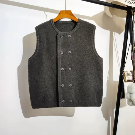 双排扣针织马甲开衫女春秋新款宽松复古叠穿无袖坎肩毛衣背心外套商品大图