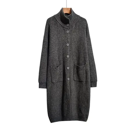 高领中长款毛衣开衫女秋冬新款宽松慵懒风过膝加厚针织衫大衣外套商品大图