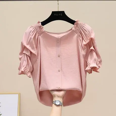 法式气质复古红色V领短袖衬衫纽扣上衣灯笼袖女欧洲站2023夏新款商品大图