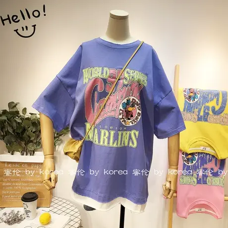 2020夏新款韩国东大门港风搞怪字母卡通中长款假两件T恤休闲大码商品大图