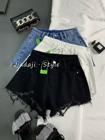 韩版磨破牛仔短裤女2023春夏新款显瘦百搭高腰阔腿裤毛边A字短裤商品大图
