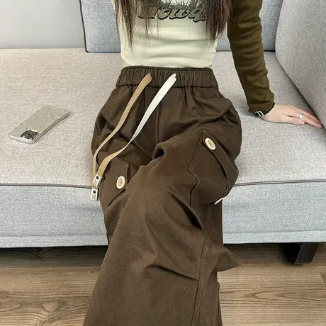 美式复古工装裤女春秋新款高腰宽松直筒百搭小个子束脚阔腿运动裤图片