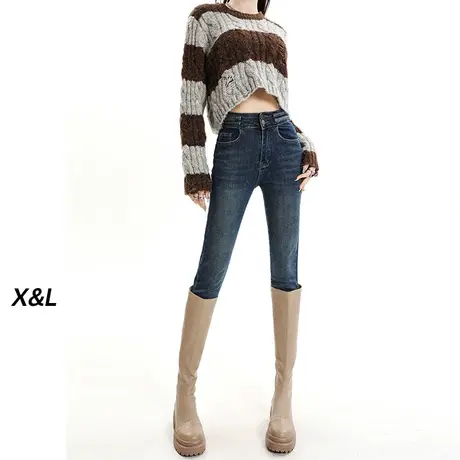 复古加绒紧身牛仔裤女秋冬季2023新款修身高腰铅笔裤加厚小脚裤子商品大图