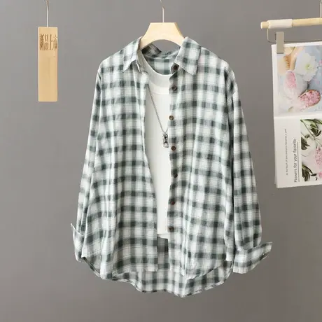 美式polo衫长袖格子衬衫外套女春秋季复古设计感小众宽松衬衣上衣图片
