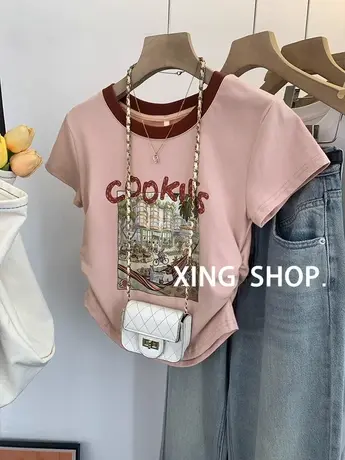 美式插肩袖修身显瘦t恤女短袖夏季2024爆款高端紧身短款上衣欧货商品大图