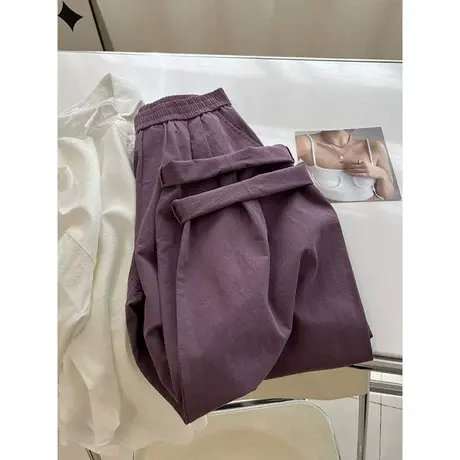 韩版时髦chic紫色高腰工装休闲裤女宽松阔腿九分奶奶裤2023春秋潮商品大图