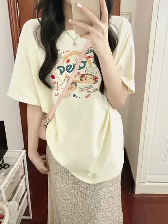 仿棉短袖t恤女2023新款欧货夏季小众设计感宽松大码女装显瘦上衣图片