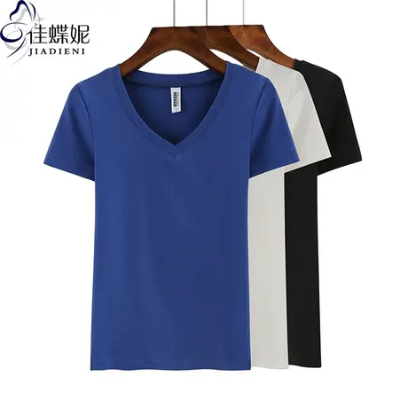 夏季新款韩版V领修身显瘦纯棉纯色简约短袖体恤上衣内搭女打底衫商品大图