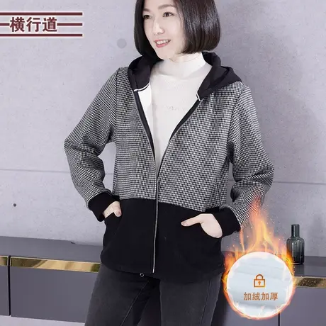 2024春季新款千鸟格长袖开衫拼接拉链口袋灯芯绒加绒连帽外套女装商品大图