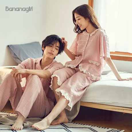 Bananagirl睡衣女夏季两件套纯棉情侣睡衣圆领开衫家居服男士套装商品大图