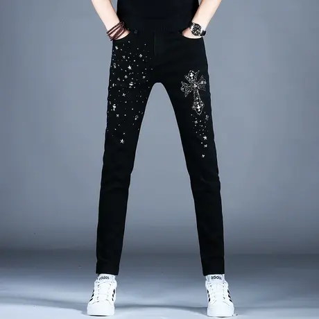 男士新款牛仔裤子时尚修身精致烫钻小脚裤2023冬季厚款潮牌美式款图片