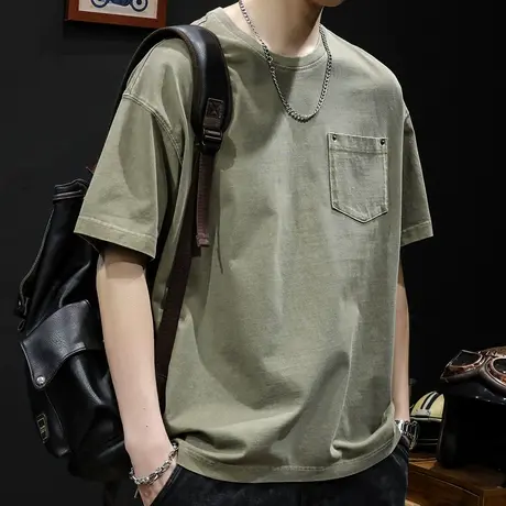 重磅水洗230g短袖t恤男士半袖上衣潮牌大码新款男装口袋男款体恤商品大图