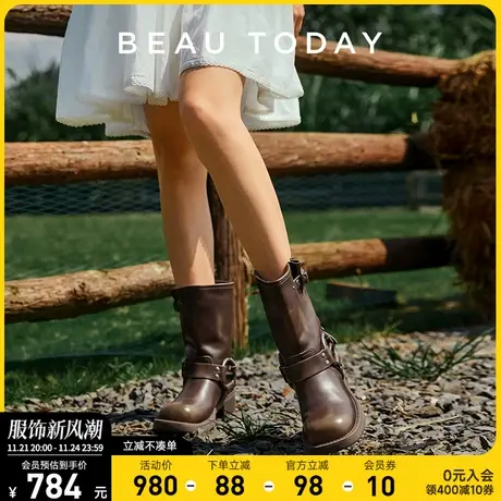 BeauToday真皮显瘦骑士靴女2024新款BT厚底时装靴女英伦风马丁靴图片