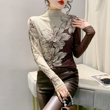 性感网纱半高领T恤女长袖秋冬加绒加厚个性打底衫气质减龄上衣ins商品大图