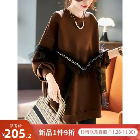 宝诗黎圆领网纱拼接棉质加绒卫衣女宽松百搭落肩上衣2023秋冬新款图片