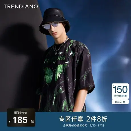 TRENDIANO官方潮牌夏季时尚欧美闪蝶刺绣印花圆领短袖无性别T恤男商品大图