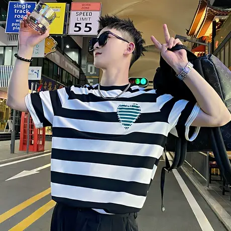 短袖t恤潮牌2023夏季新款条纹设计韩版休闲潮流宽松半袖上衣体恤商品大图