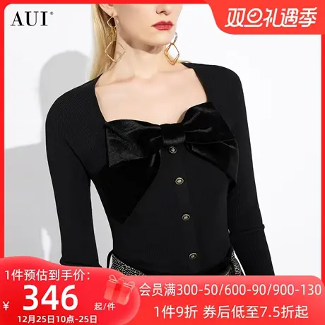AUI黑色法式方领针织毛衣女冬2023新款气质修身保暖内搭打底上衣商品大图