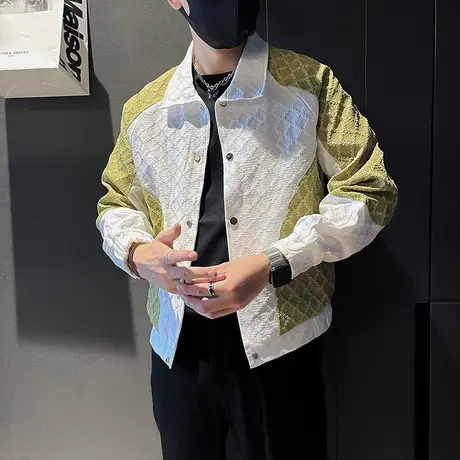 潮牌痞帅撞色外套男春秋季男装修身上衣2023高级感工装夹克INS图片