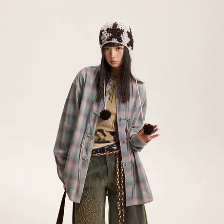 国潮复古新中式格子衬衫女春秋2024年新款宽松oversize设计感衬衣商品大图