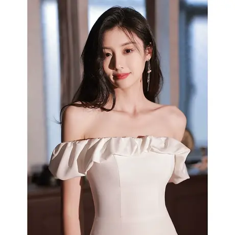 一字肩小晚礼服连衣裙订婚领证轻奢小众高端生日宴会气质白色惊艳图片