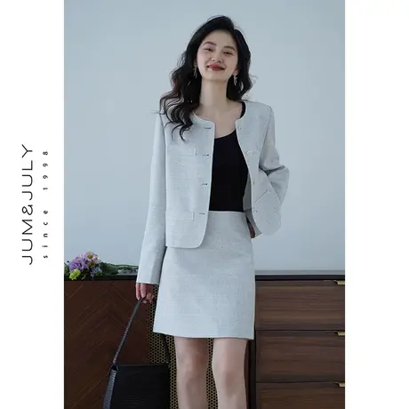 嘉茱莉2024春季新款小香风外套女圆领短外套套装裙短款上衣设计感商品大图