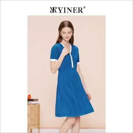 YINER音儿专选女装夏季V领湖蓝色修身收腰针织连衣裙图片