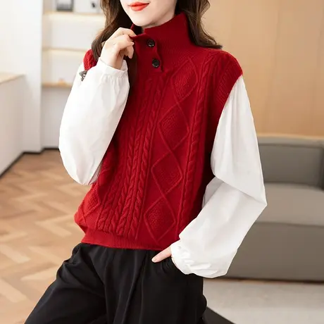 23189新款韩版宽松拼接长袖套头针织衫女士百搭假两件上衣毛衣商品大图