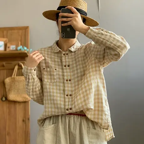 dza 复古双排扣翻领格子棉麻衬衫女春季宽松气质亚麻上衣长袖衬衣图片