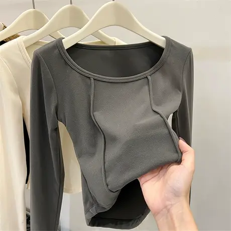 双面德绒磨毛打底衫女秋冬季内搭加厚修身短款长袖t恤纯欲风上衣商品大图