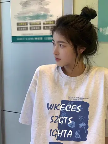 纯棉重磅灰色短袖t恤女小个子夏季2023新款美式复古宽松半袖上衣商品大图