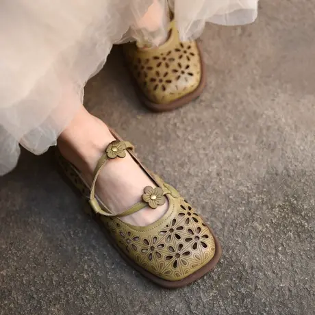 Artmu阿木复古镂空单鞋平底花朵包头凉鞋玛丽珍女鞋新款2023新款商品大图