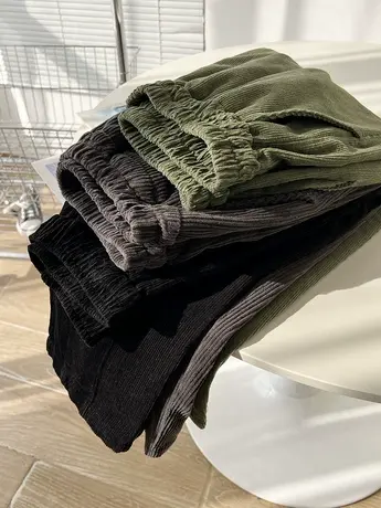 军绿色灯芯绒裤女春秋新款宽松大码哈伦裤洋气百搭显瘦休闲长裤子商品大图