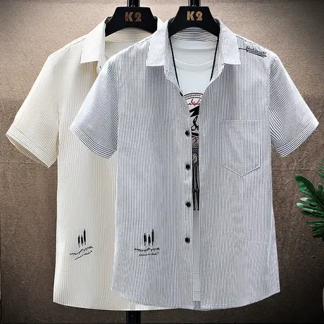 2023新款夏季韩版潮流青年条纹休闲衬衣男士上衣服帅气短袖衬衫男图片