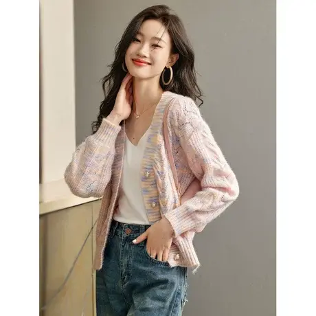 时尚气质毛衣开衫2023年秋新款淑女温柔V领宽松显瘦通勤长袖上衣图片