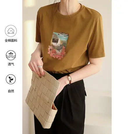 嘉茱莉2023年春季新款印花短袖t恤女设计感小众宽松打底体恤上衣商品大图