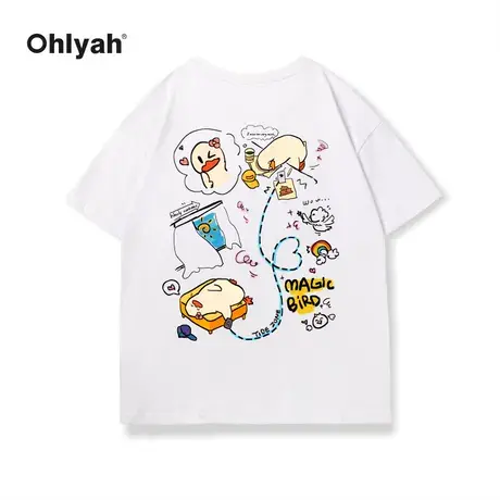 Ohlyah涂鸦懒惰鸭印花圆领短袖t恤男女中性风潮牌夏新款落肩半袖图片