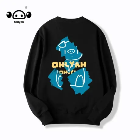 Ohlyah潮牌卫衣女春秋薄款oversize长款美式黑色纯棉圆领小熊上衣商品大图