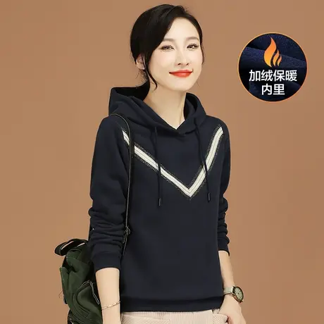 韩潮袭人连帽拼接长袖加绒女士卫衣2023冬季新款套头绒衫上衣加厚图片