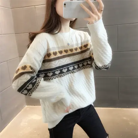 复古圆领提花毛衣女套头上衣2023年秋冬新款宽松韩版百搭针织打底商品大图