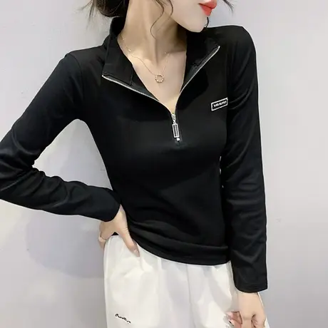 加绒加厚打底衫女春秋2023新款时尚拉链长袖T恤修身百搭洋气上衣商品大图
