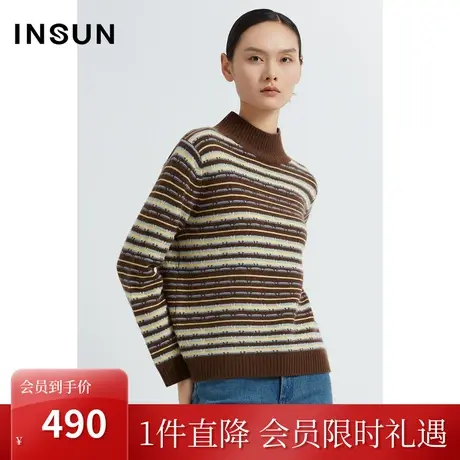 恩裳2022冬纯羊毛保暖高领设计撞色条纹肌理感毛织衫商品大图