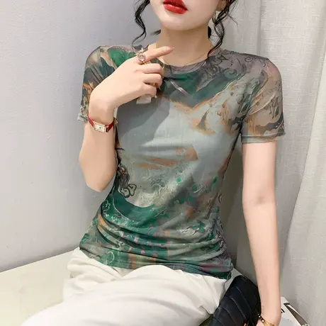 2023夏装新款时尚圆领网纱T恤女短袖洋气百搭印花上衣显瘦小衫ins商品大图