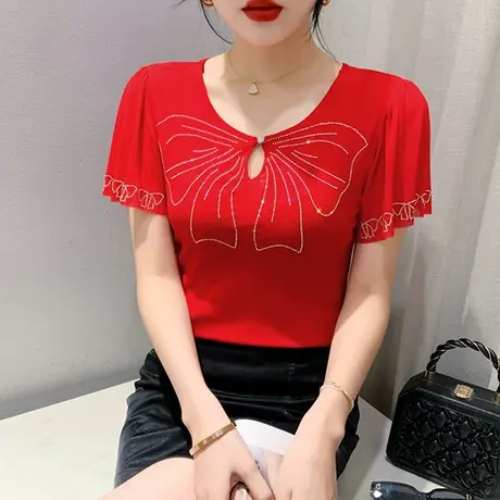 欧货网纱荷叶边T恤女短袖2023夏季新款性感镂空小衫重工烫钻上衣商品大图