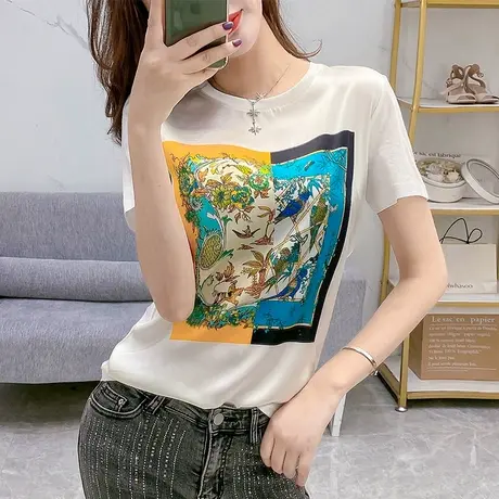 欧洲站2023春夏新款设计感小众拼接纯棉上衣时尚印花圆领短袖t恤商品大图