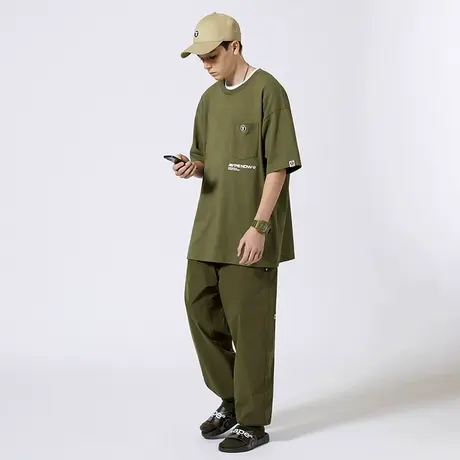 Aape男装秋款猿颜徽章字母印花织带拼接宽松休闲长裤6753XXG商品大图