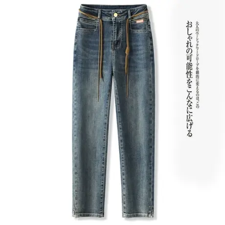 牛仔直筒裤韩国女装百搭高腰复古牛仔裤2023年秋季新款系带长裤图片